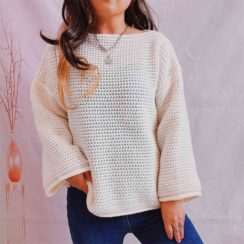 Gray Openwork Boat Neck Long Sleeve Sweater