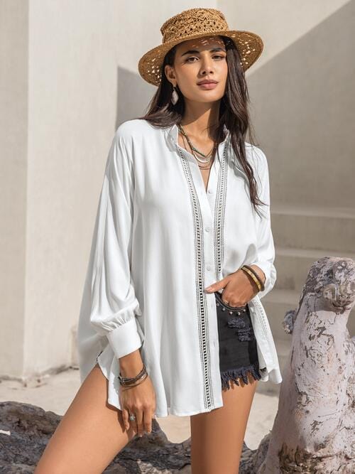 Gray Openwork Button Up Long Sleeve Shirt