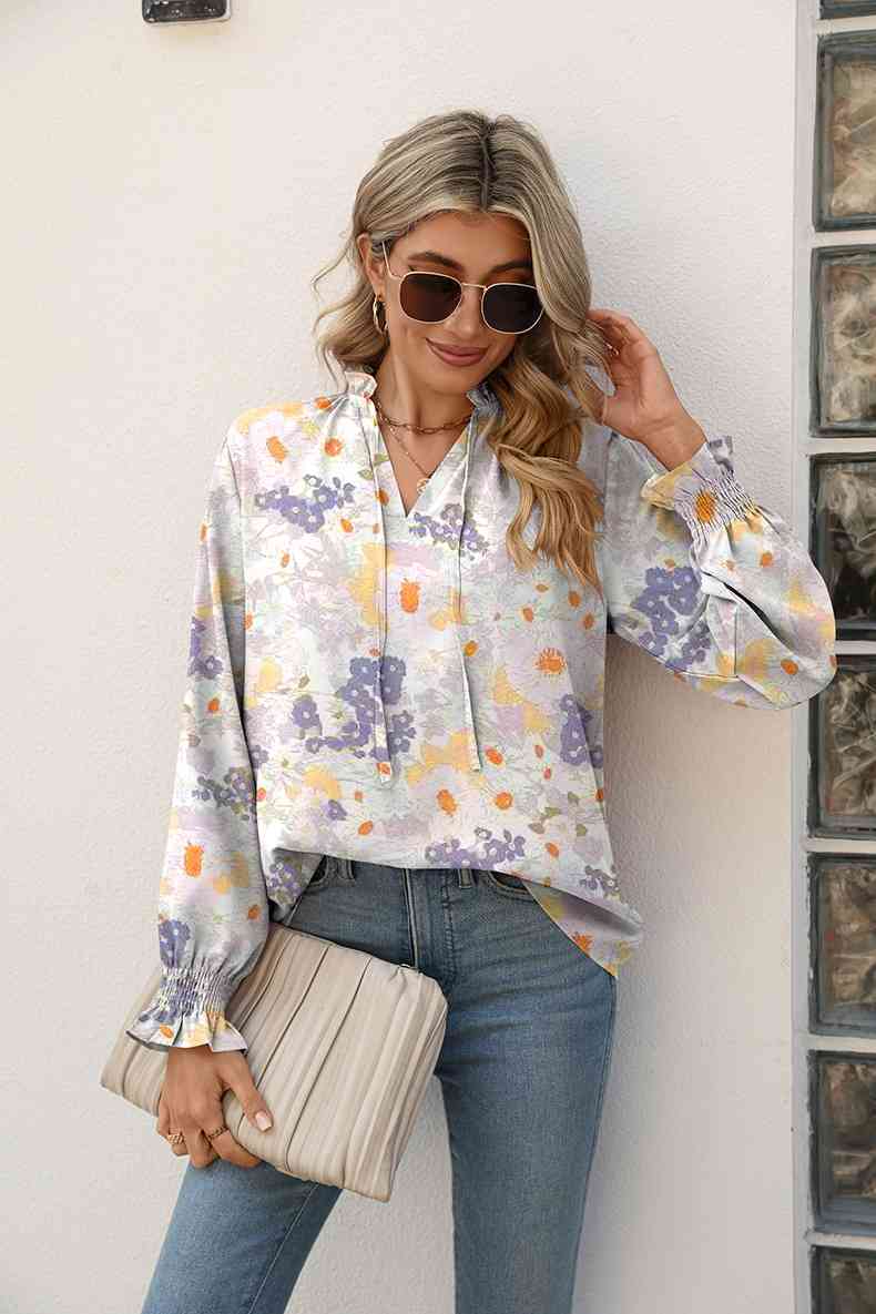 Light Gray Printed Tie Neck Flounce Sleeve Blouse