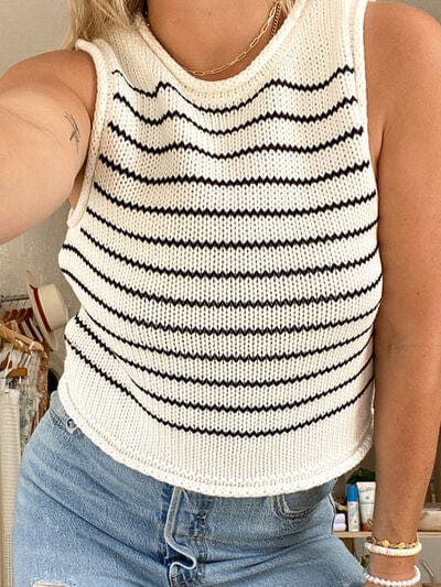 Light Gray Rolled Striped Round Neck Sweater Vest