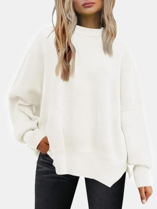 Beige Round Neck Drop Shoulder Slit Sweater