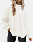 Beige Round Neck Drop Shoulder Slit Sweater