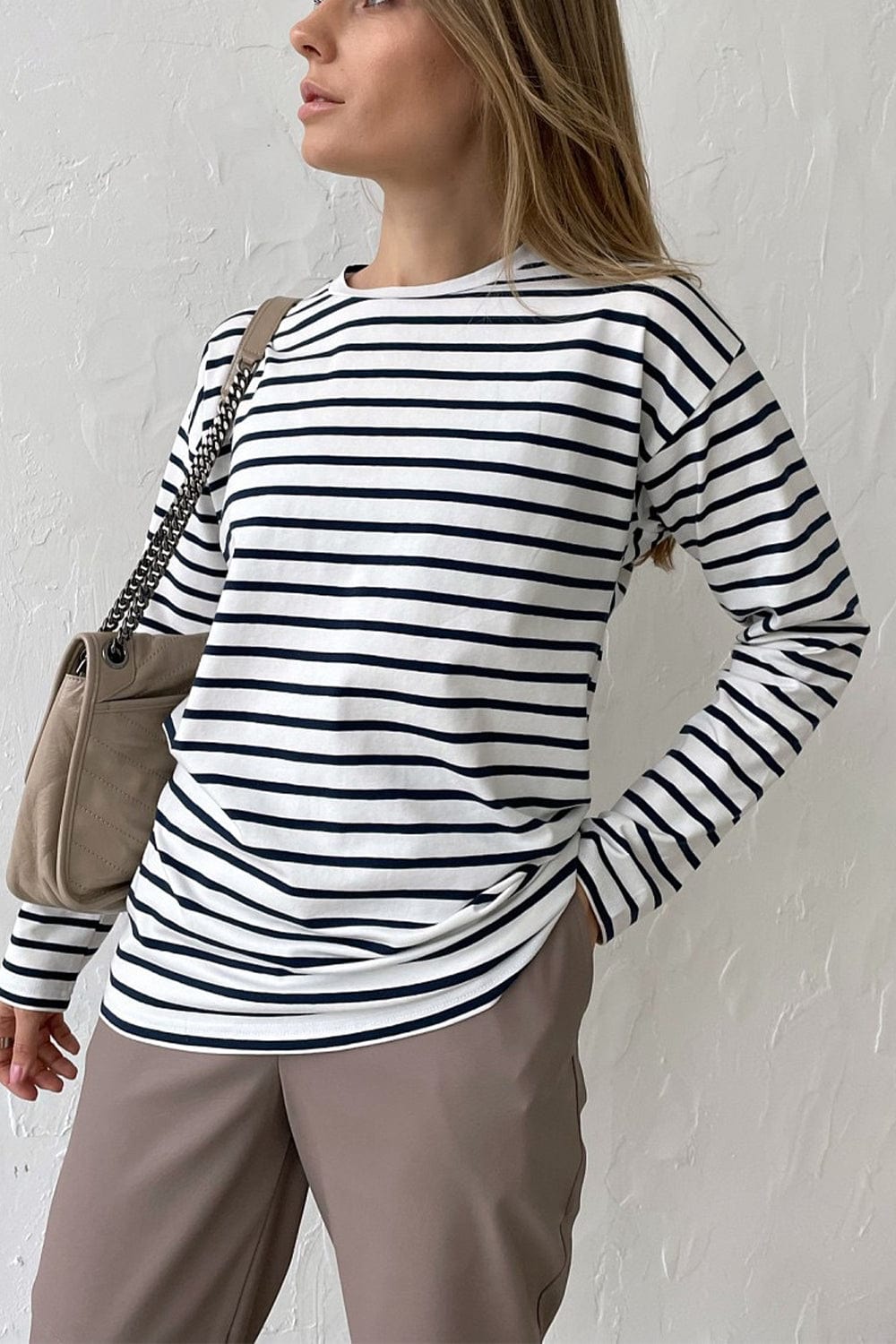 Gray Round Neck Striped Dropped Shoulder T-Shirt