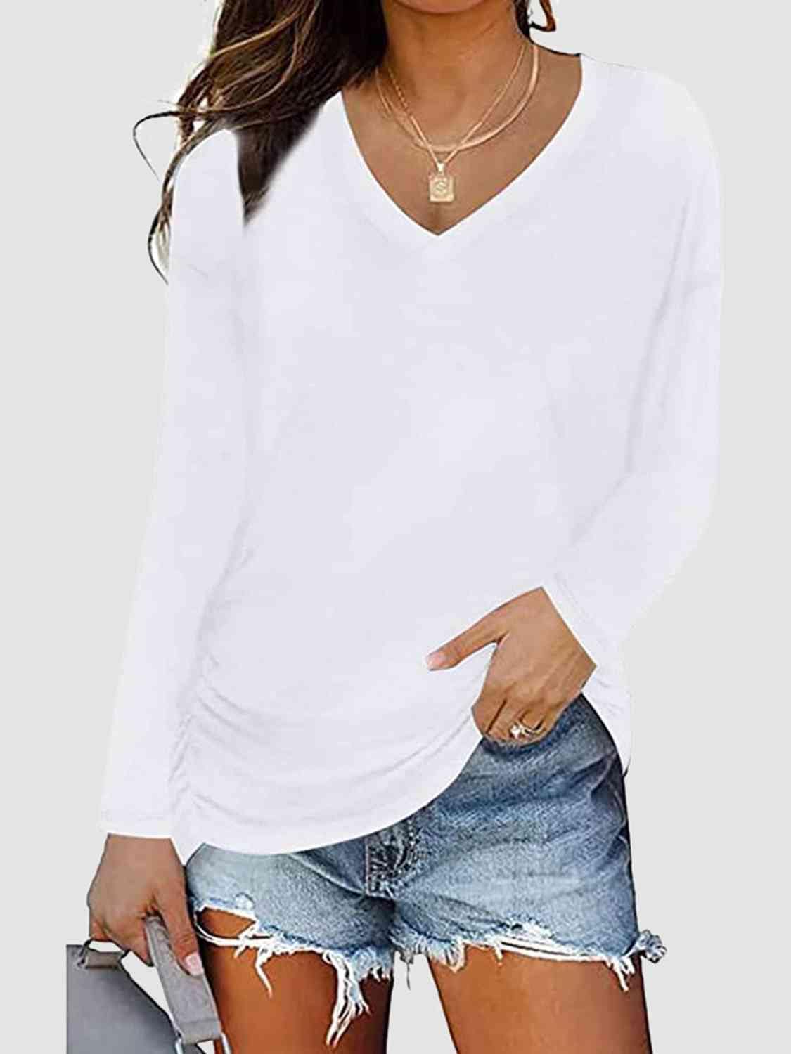 Lavender Ruched V-Neck Long Sleeve T-Shirt