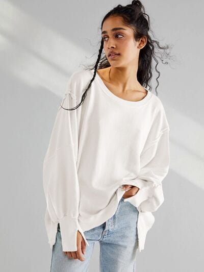 Light Gray Slit Round Neck Dropped Shoulder T-Shirt