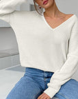 Light Gray V-Neck Dropped Shoulder Long Sleeve Sweater