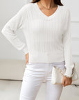 Light Gray V-Neck Long Sleeve Eyelet Knit Top