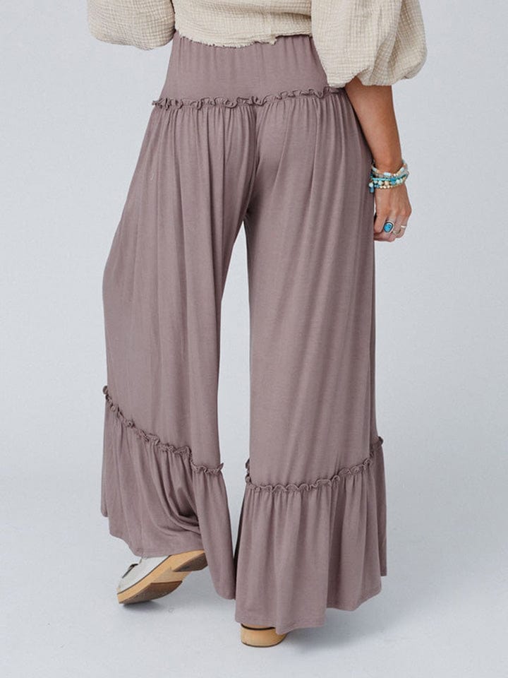 Gray Wide Leg Ruffle Trim Pants