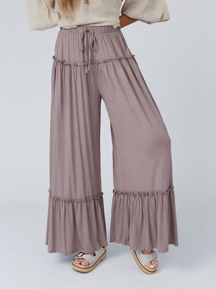 Gray Wide Leg Ruffle Trim Pants