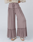 Gray Wide Leg Ruffle Trim Pants