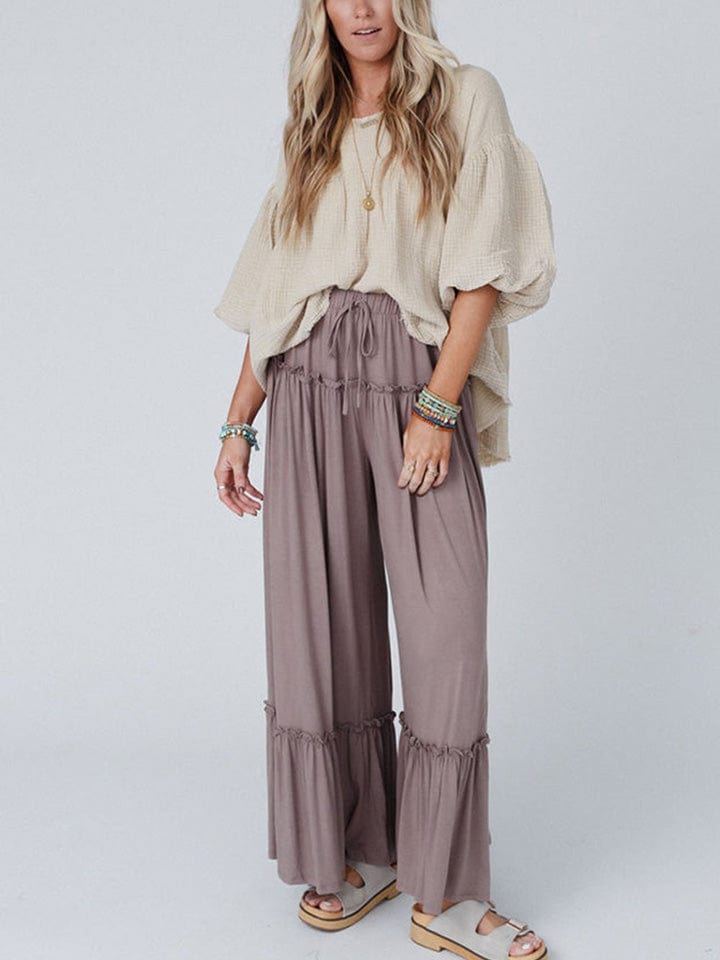 Gray Wide Leg Ruffle Trim Pants