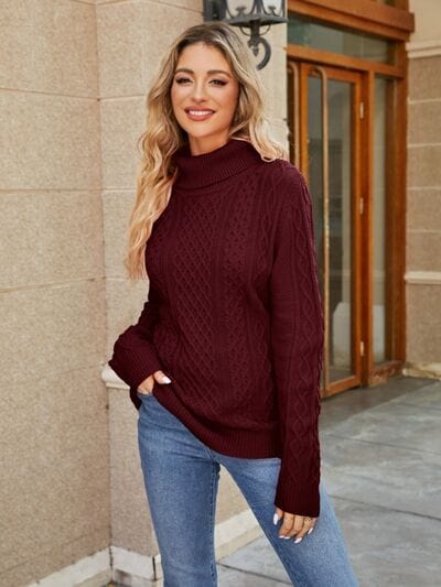 Rosy Brown Cable-Knit Mock Neck Sweater