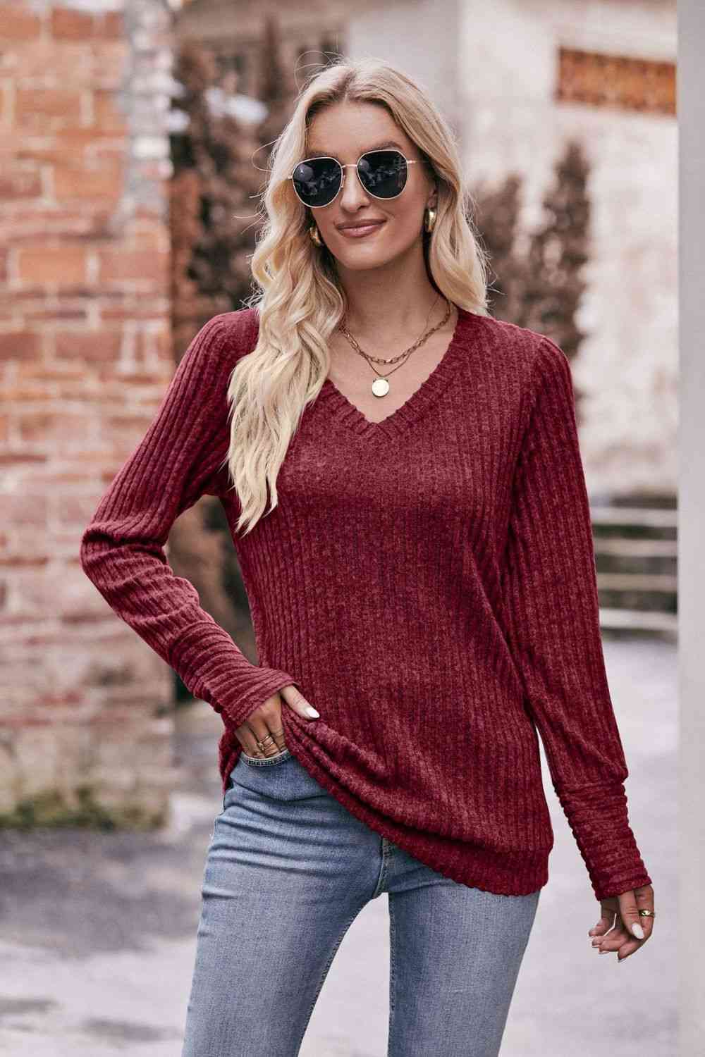 Rosy Brown Double Take V-Neck Long Sleeve Ribbed Top