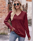 Rosy Brown Double Take V-Neck Long Sleeve Ribbed Top