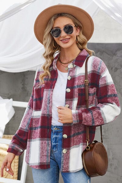 Gray Plaid Button Up Dropped Shoulder Jacket