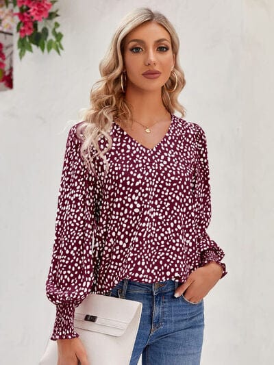 Light Gray Printed V-Neck Lantern Sleeve Blouse