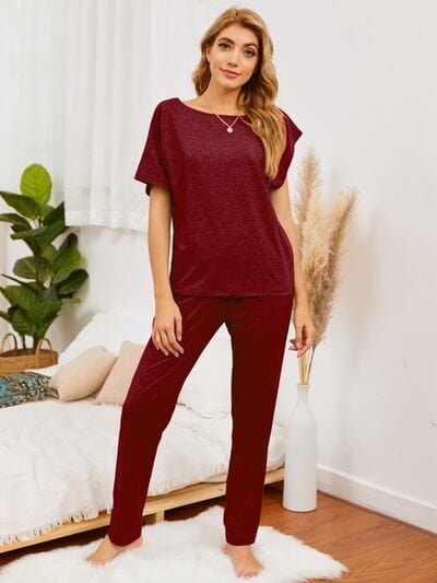 Dark Red Round Neck Top and Pants Lounge Set