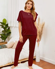 Dark Red Round Neck Top and Pants Lounge Set