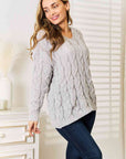 Light Gray Woven Right Cable-Knit Hooded Sweater