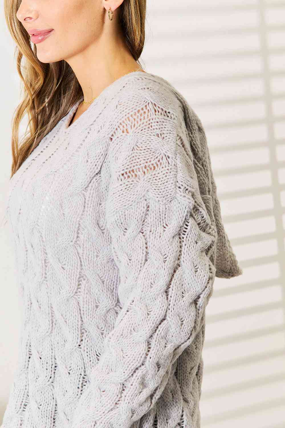 Light Gray Woven Right Cable-Knit Hooded Sweater