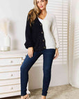 Light Gray Woven Right Contrast Button-Front V-Neck Cardigan