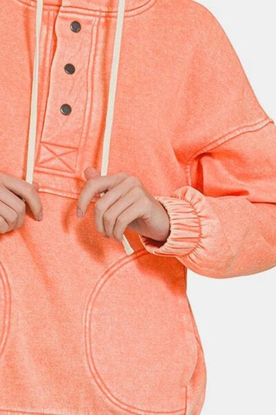 Light Salmon Zenana Drawstring Half Snap Dropped Shoulder Hoodie