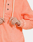 Light Salmon Zenana Drawstring Half Snap Dropped Shoulder Hoodie