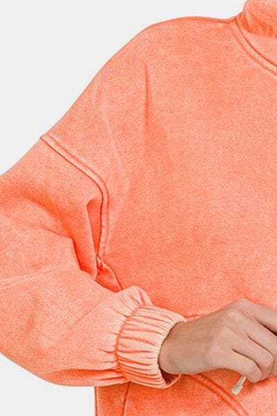 Dark Salmon Zenana Drawstring Half Snap Dropped Shoulder Hoodie