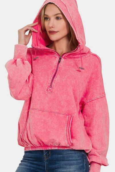 Light Coral Zenana Drawstring Half Zip Dropped Shoulder Hoodie