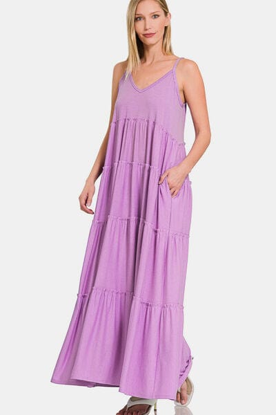 Misty Rose Zenana Frill Tiered V-Neck Maxi Cami Dress