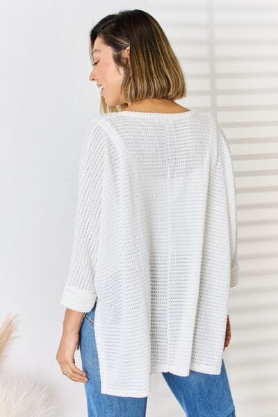 Light Gray Zenana Full Size Waffle Knit V-Neck Long Sleeve Slit Top