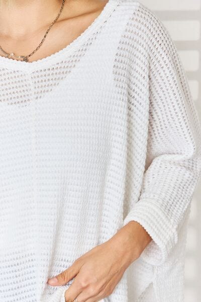 Light Gray Zenana Full Size Waffle Knit V-Neck Long Sleeve Slit Top