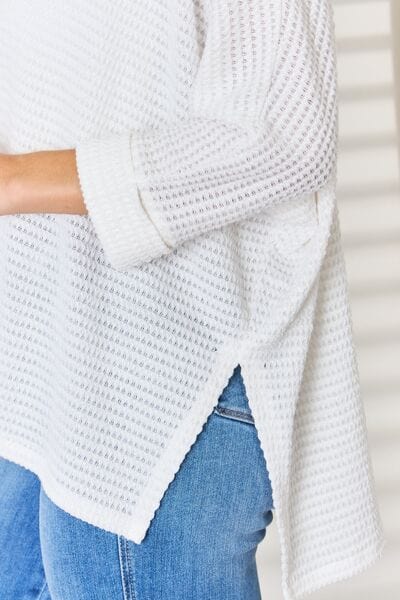 Light Gray Zenana Full Size Waffle Knit V-Neck Long Sleeve Slit Top