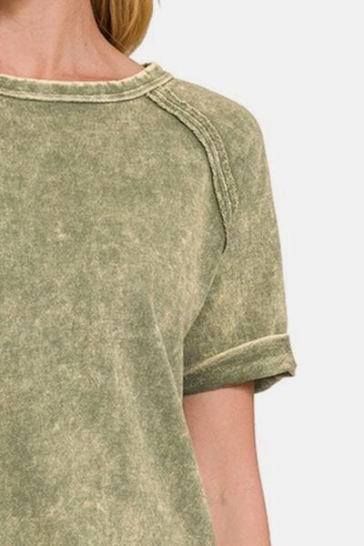 Rosy Brown Zenana Heathered Round Neck Short Sleeve Blouse