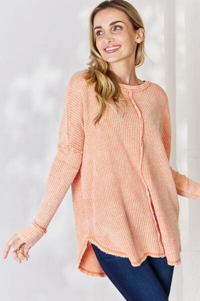 Light Gray Zenana Oversized Washed Waffle Long Sleeve Top