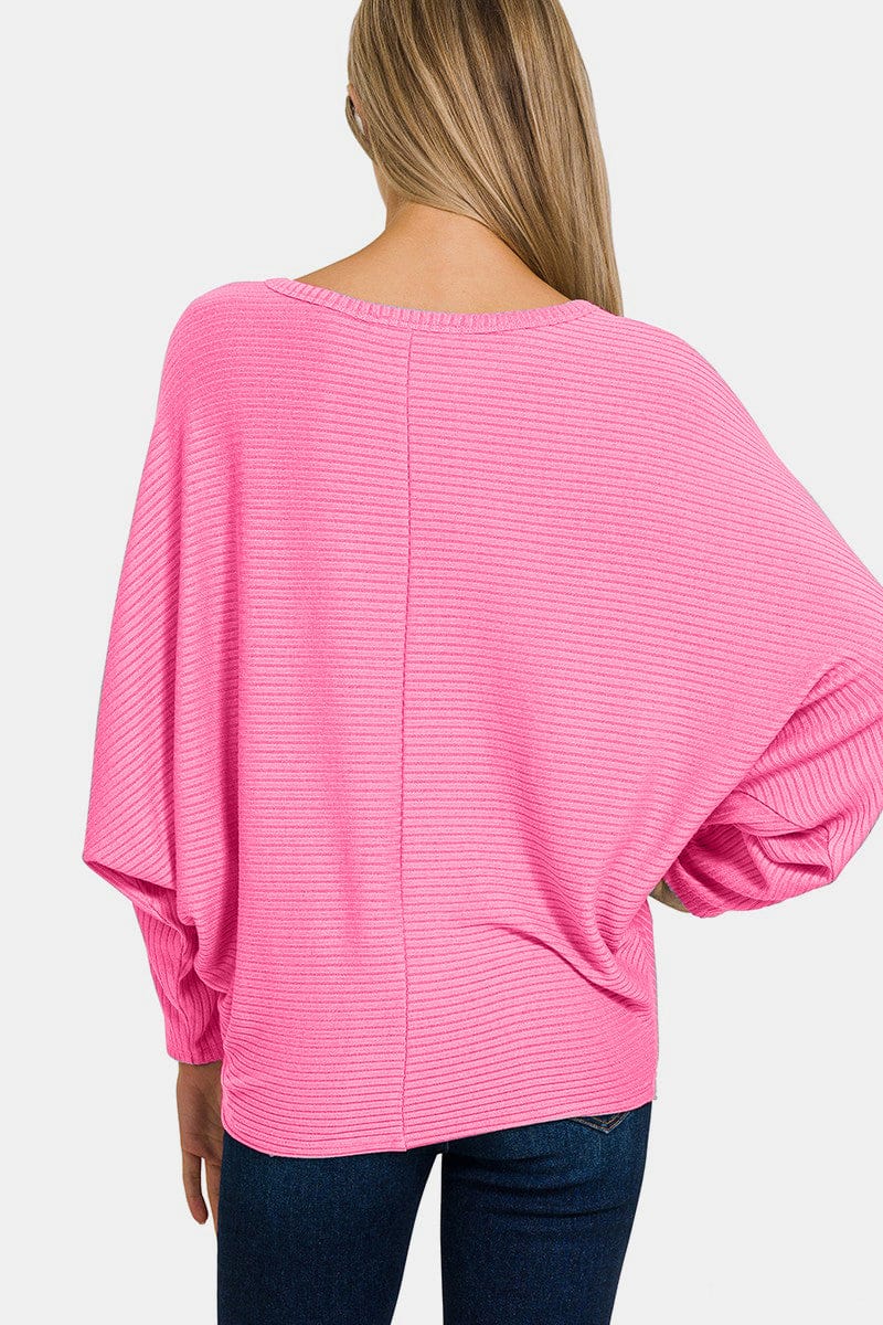 Misty Rose Zenana Ribbed Round Neck Long Sleeve Top