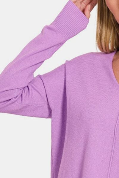 Plum Zenana Slit V-Neck Dropped Shoulder Sweater