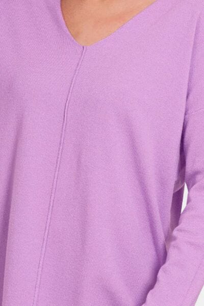 Plum Zenana Slit V-Neck Dropped Shoulder Sweater