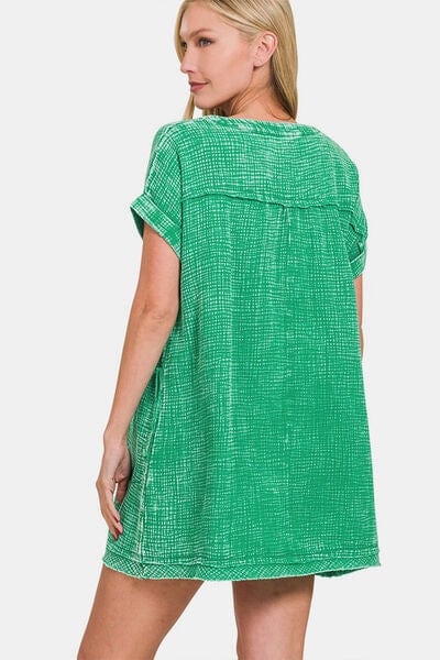 Medium Sea Green Zenana Washed Notched Short Sleeve Mini Dress