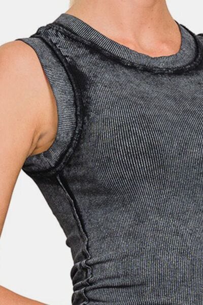 Dark Slate Gray Zenana Washed Ribbed Round Neck Slim Tank