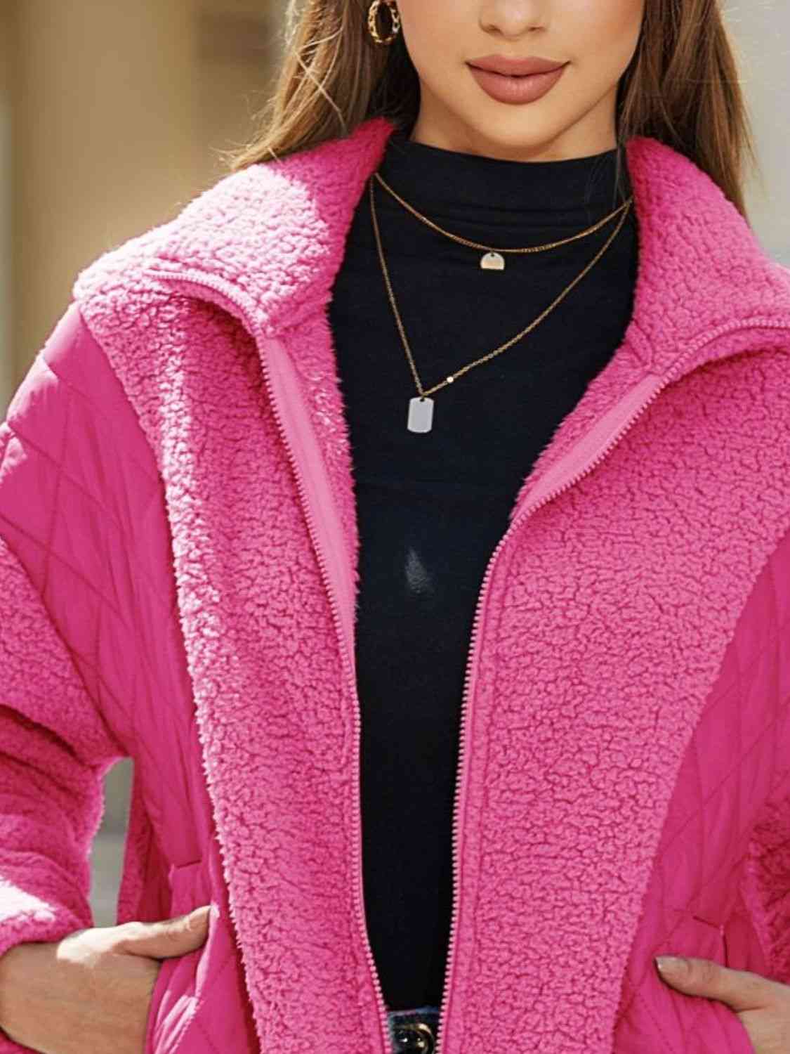 Pale Violet Red Zip-Up Collared Neck Jacket