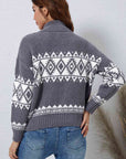 Gray Zip-Up Geometrical Pattern Pullover Sweater