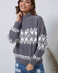 Light Gray Zip-Up Geometrical Pattern Pullover Sweater