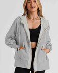 Light Gray Zip Up Long Sleeve Drawstring Hoodie