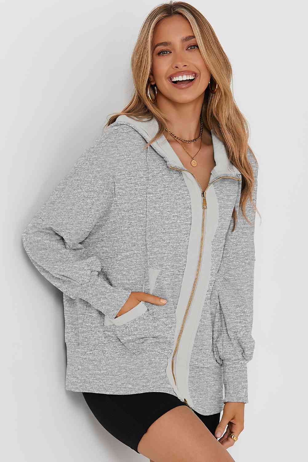 Gray Zip Up Long Sleeve Drawstring Hoodie