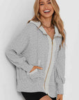 Gray Zip Up Long Sleeve Drawstring Hoodie