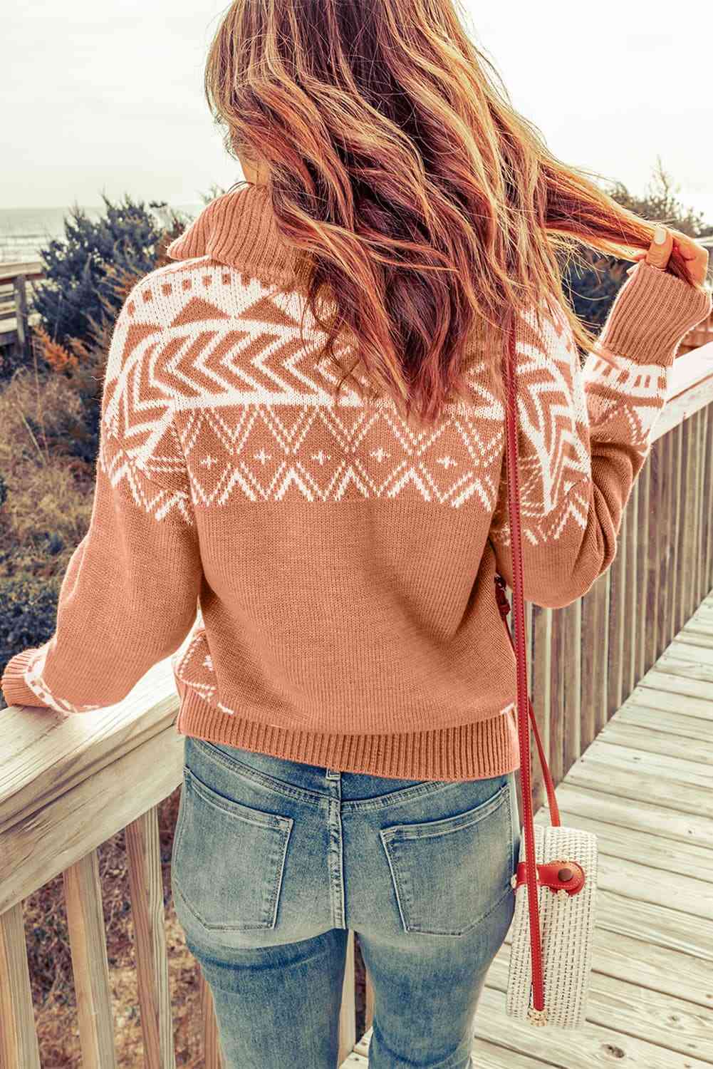 Rosy Brown Zip-Up Mock Neck Dropped Shoulder Pullover Sweater