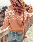 Rosy Brown Zip-Up Mock Neck Dropped Shoulder Pullover Sweater