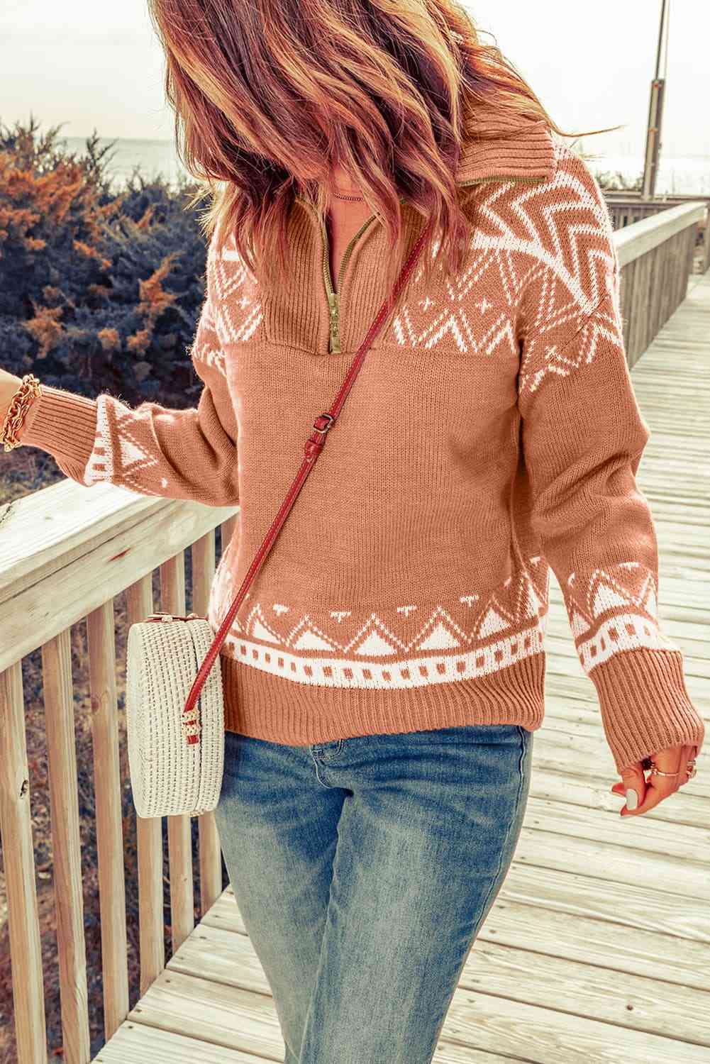 Rosy Brown Zip-Up Mock Neck Dropped Shoulder Pullover Sweater