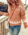 Rosy Brown Zip-Up Mock Neck Dropped Shoulder Pullover Sweater